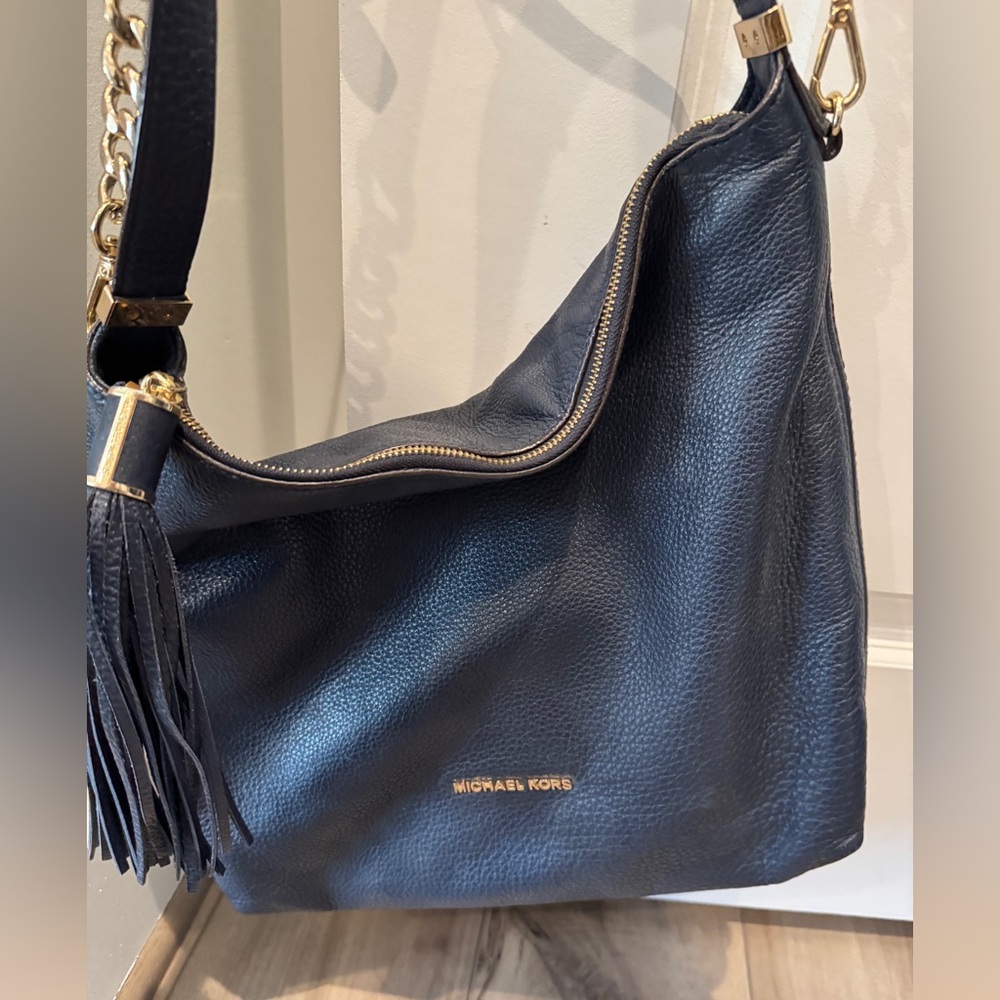 Michael Kors Navy With Gold Trim Leather Tassel Hobo Shoulder/Crossbody.